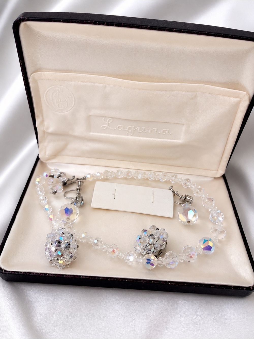 Aurora Borealis Crystal Necklace and Earrings Set in Iridescent Clear